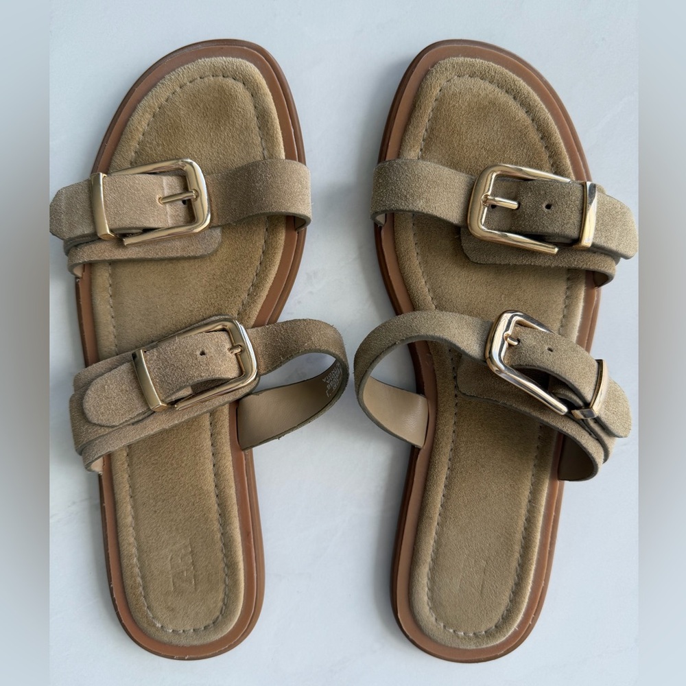 ZARA Suede Double-Buckle Slide Sandals in Taupe